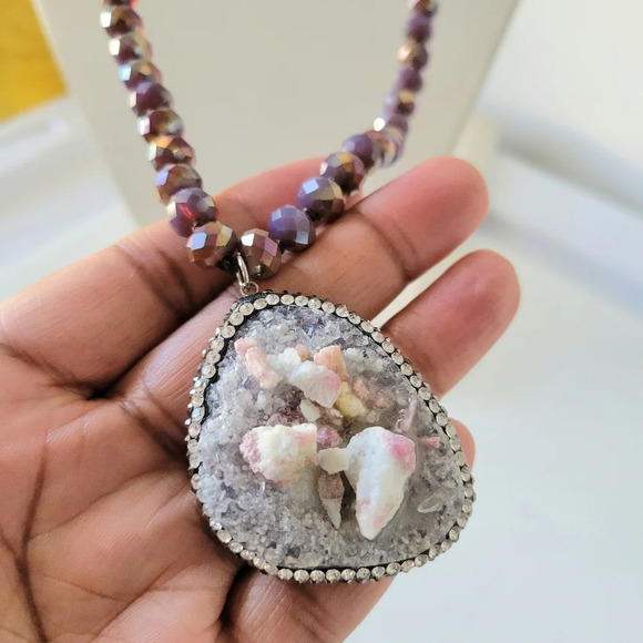 Extended Druzy Stone Beaded Necklace (Purple) - Picture 2 of 5